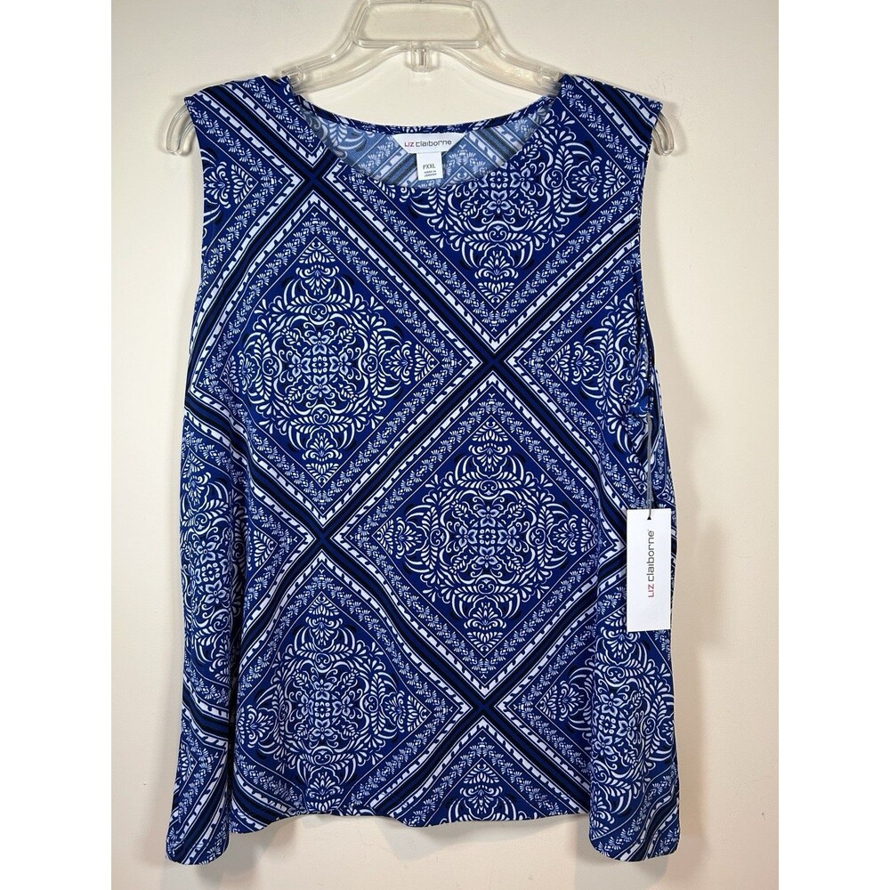Liz Claiborne Wm PXXL Blue Damask Print Sleeveless Stretch Knit Tank